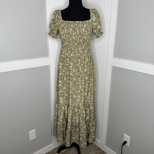 Hesperus Smocked Maxi Dress Womens Small Olive Green Floral Puff Sleeve HD30063